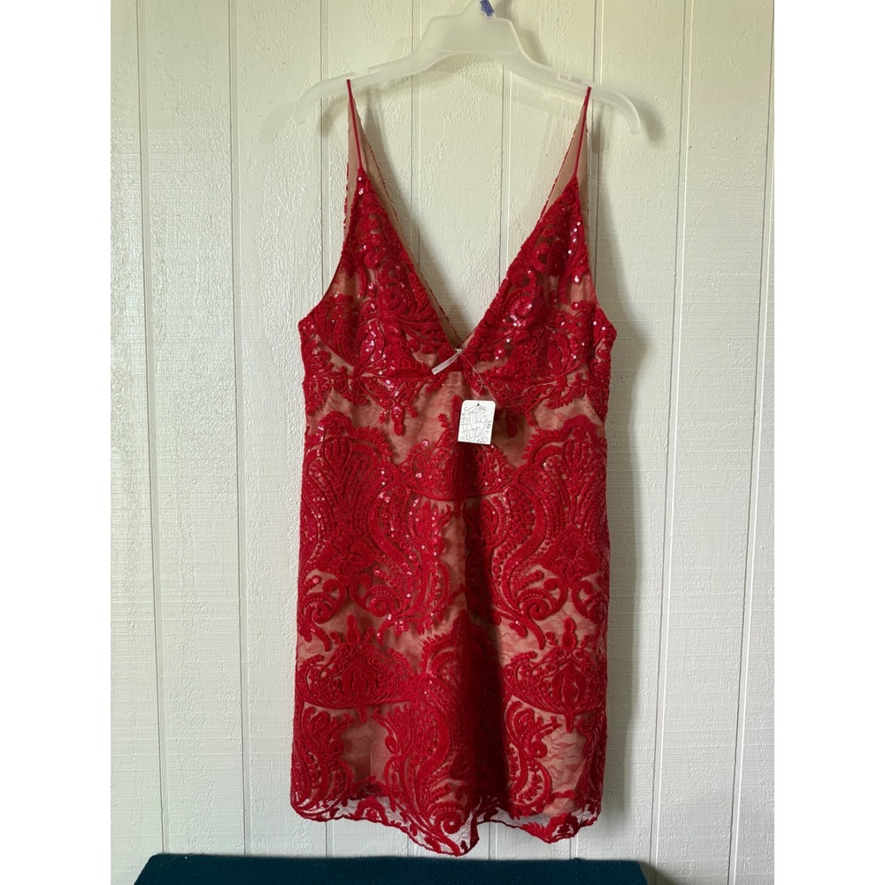 Free People Red Sequin Lace Mini Dress V-Neck Spaghetti Strap Cocktail Size 2